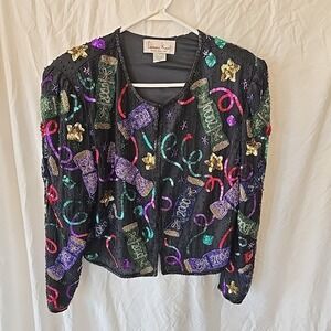 Vtg‎ Laurence Kazor Y2K Beaded Silk NYE Jacket Confetti Streamers "2000" Party